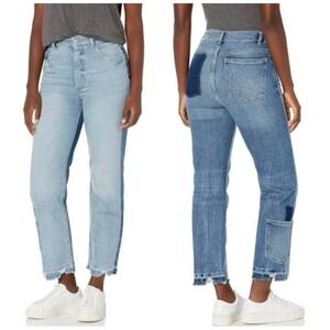 DL1961 Patchwork High Rise Straight Leg Distressed Raw Hem Blue Jeans Multi Tone